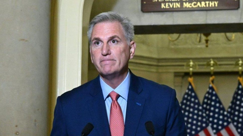 US Speaker of the House Kevin McCarthy speaks to reporters outside of his office at the US Capitol Building on 12 September 2023