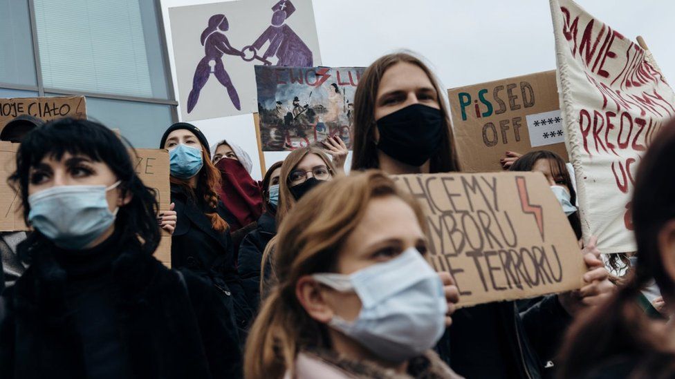 Demonstrators, including students and employees of a local university, hold a protest against the ruling by Poland's Constitutional Tribunal that imposes a near-total ban on abortion, in Gdansk