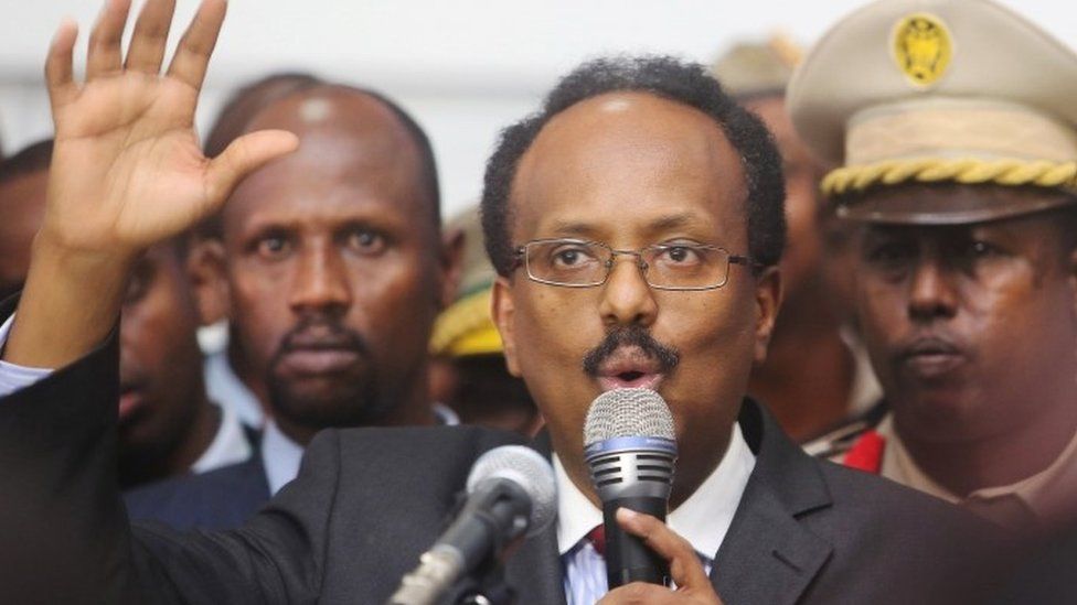 President Mohamed Abdullahi Farmajo addresses lawmakers after winning the vote at the airport in Somalia"s capital Mogadishu, February 8, 2017