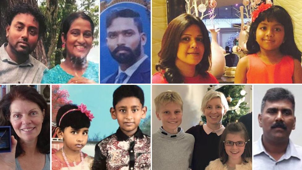 Victims of the attacks:, Top, L-R: Rangana Fernando, Danadiri Fernando, Subramani Christopher, Manik Suriaaratchi and daughter Alexandria. Bottom, L-R: Monique Allen, Sarah and Sharon Santhakumar, Alex, Anita and Annabel Nicholson, Ramesh Raju