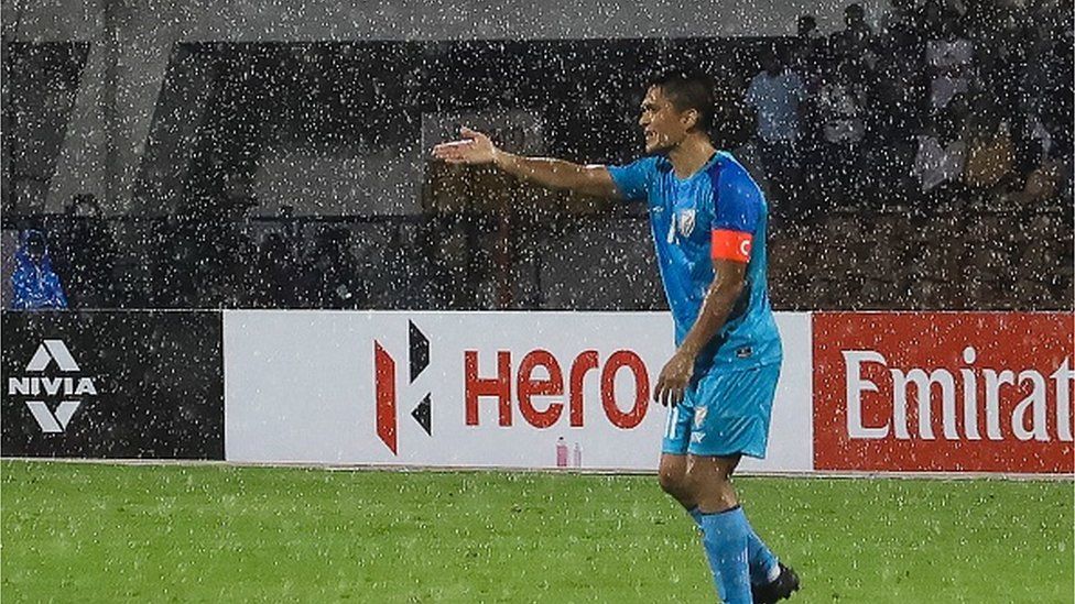 India's Sunil Chhetri reacts during the Group A South Asian Football Federation Championship match between India and Pakistan at the Shree Kanteerava Stadium in Bengaluru on June 21, 2023. (Photo by AFP) (Photo by -/AFP via Getty Images)