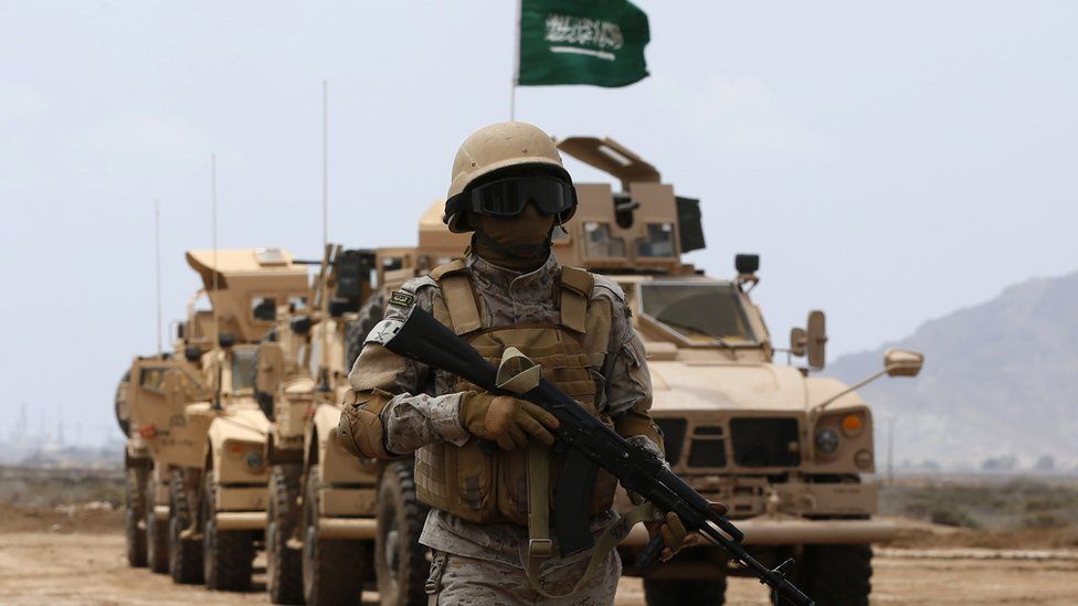 Saudi soldier during visit by Yemeni Prime Minister Khaled Bahah at Saudi-led coalition military base in Yemen's southern city of Aden. 28 September 2015