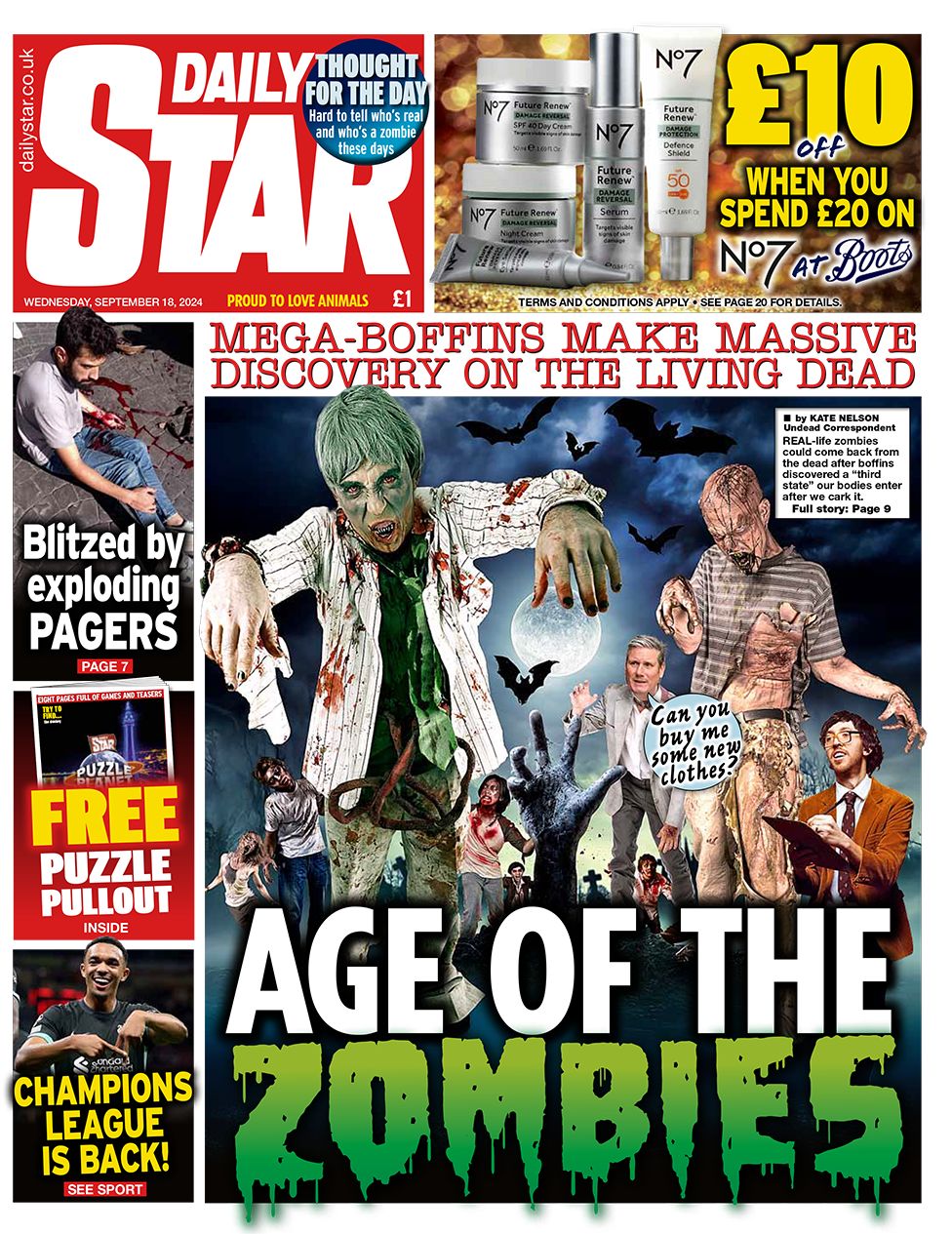 Daily Star headlines "age of the zombies"