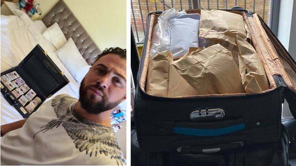 A composite image with a selfie of Gyunesh Ali posing with a briefcase of cash on a bed and another image of a suitcase stuffed with envelopes of cash