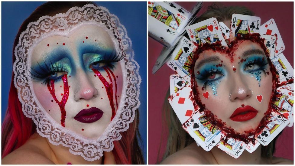 Split image - the first is a sad face with a heart shape lace attached around the edge and glittery blood, the second is themed around playing cards, with cards attached in a heart around her head and a small hat made of cards