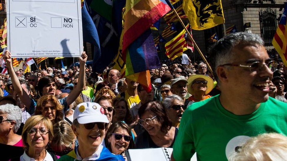 Catalan Independence supporters attend a demonstration of Catalan mayors in Barcelona, Spain, 16 September