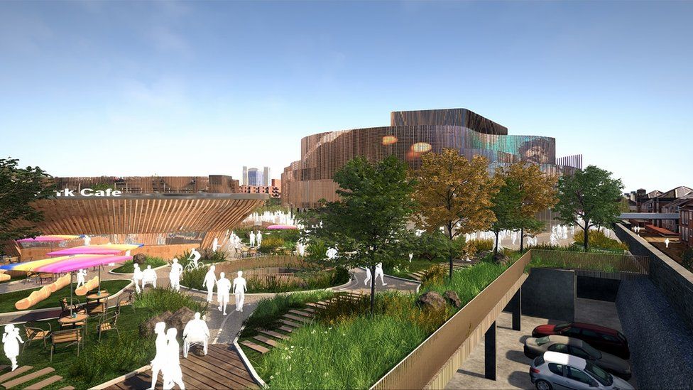 An architect illustration of Swansea Central Phase One’s coastal parkland and arena