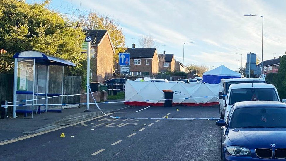 Cordons and tents at scene of double murder in Houghton Regis