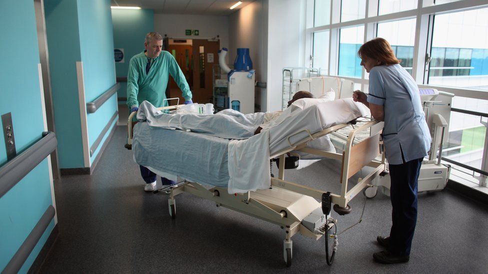 Patient being wheeled in a hospital bed