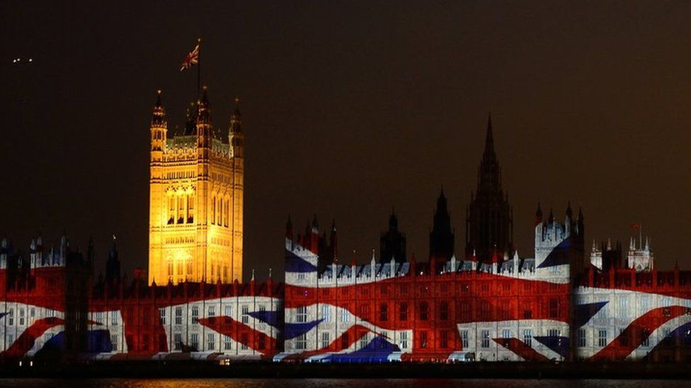 The Union flag is projected onto the Houses of Parliament during the opening of the 2012 Olympic Games