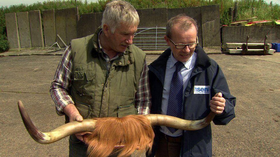 Farmer Victor Chestnutt shows Keith Morrison of the Health and Safety Executive the horns of the cow which almost killed him
