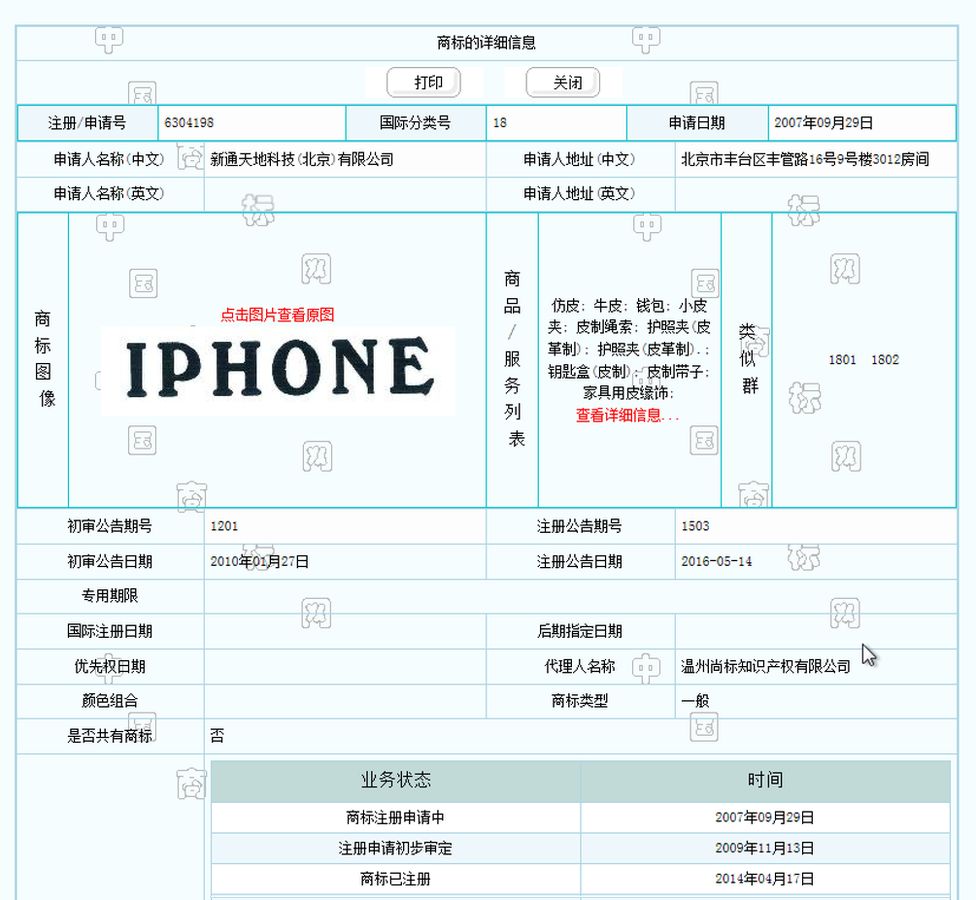 IPHONE's basic registration with the Trademark Office