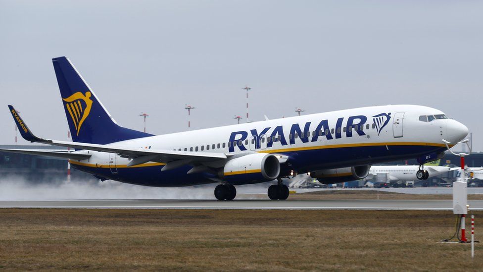 A Ryanair plane on the runway