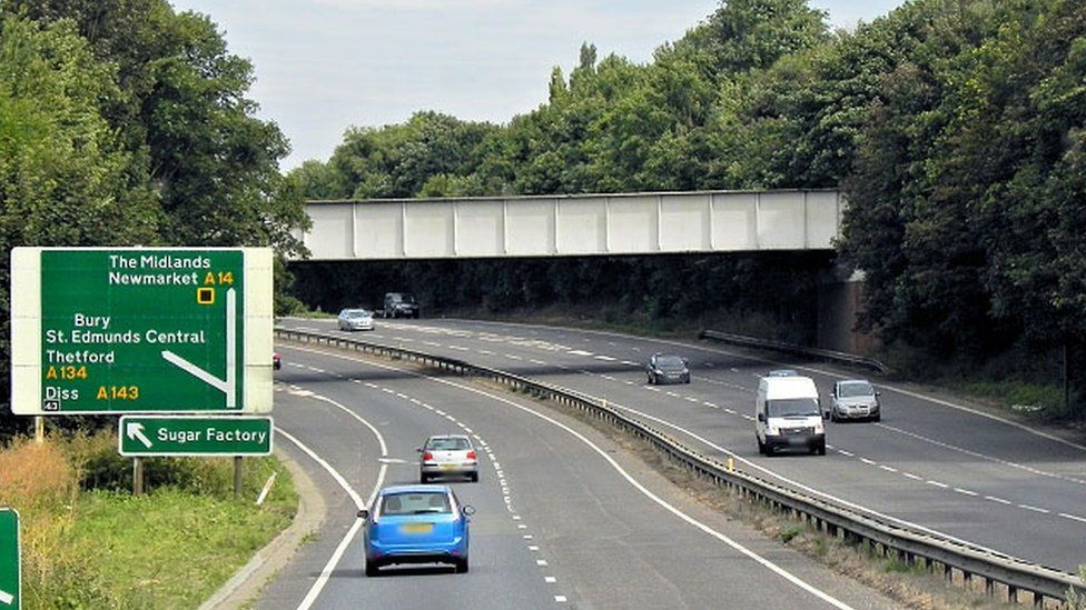 Junction 43 on the A14 westbound at Bury St Edmunds.