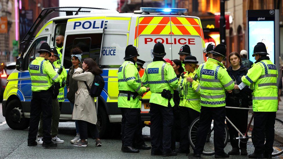Police at a vigil for Israel held by Manchester Jewish Community in Manchester, Britain, October 11, 2023.