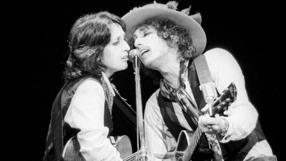 Joan Baez and Bob Dylan on his Rolling Thunder Revue tour in 1975