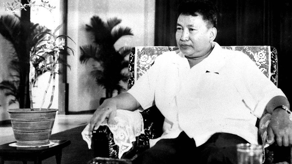 Khmer Rouge leader Pol Pot in a photo taken in 27 July, 1975 during a visit by a Vietnamese delegation to congratulate the Khmer Rouge on its victory over American forces.