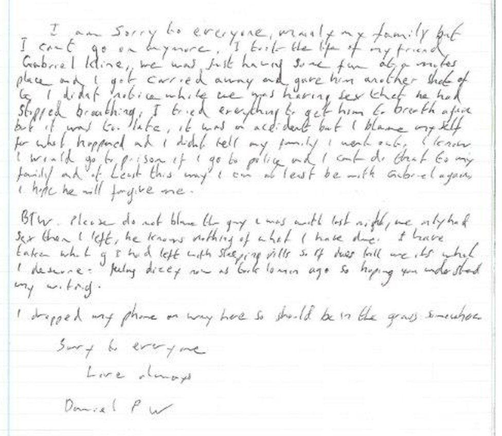 A copy of the fake suicide note