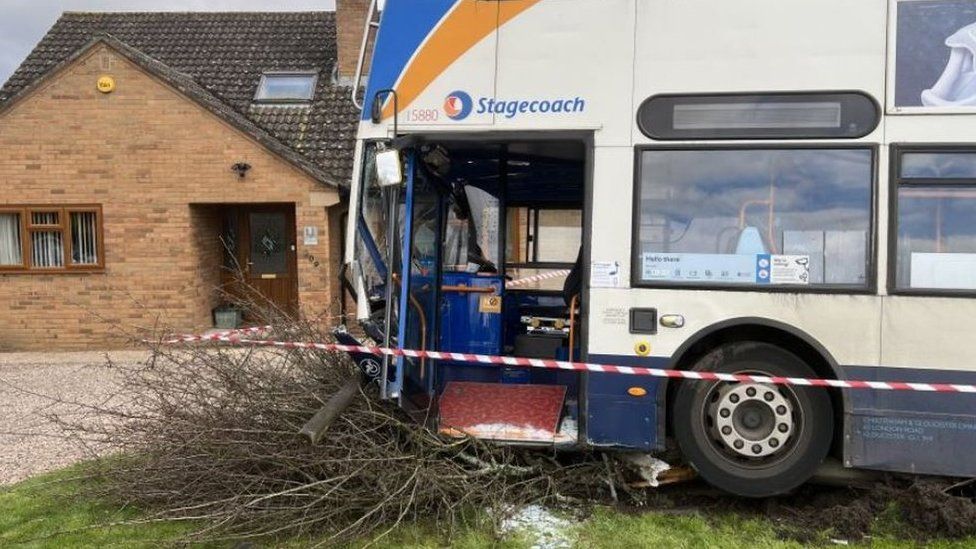A bus flattening a tree near a bungalow