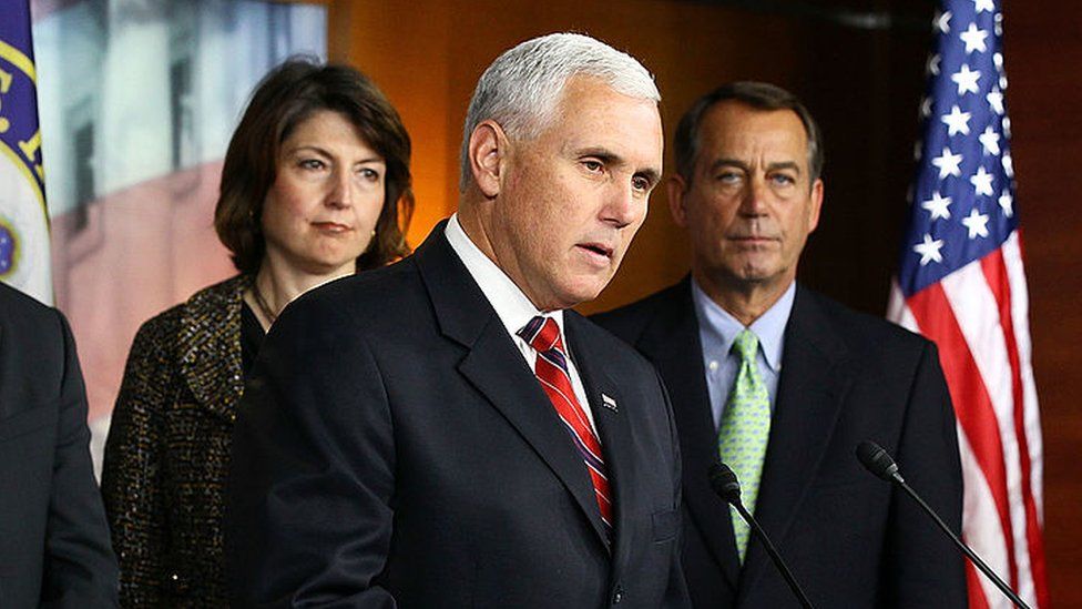 Mike Pence holds a news conference at the US Capitol alongside House Republican leadership in 2010.