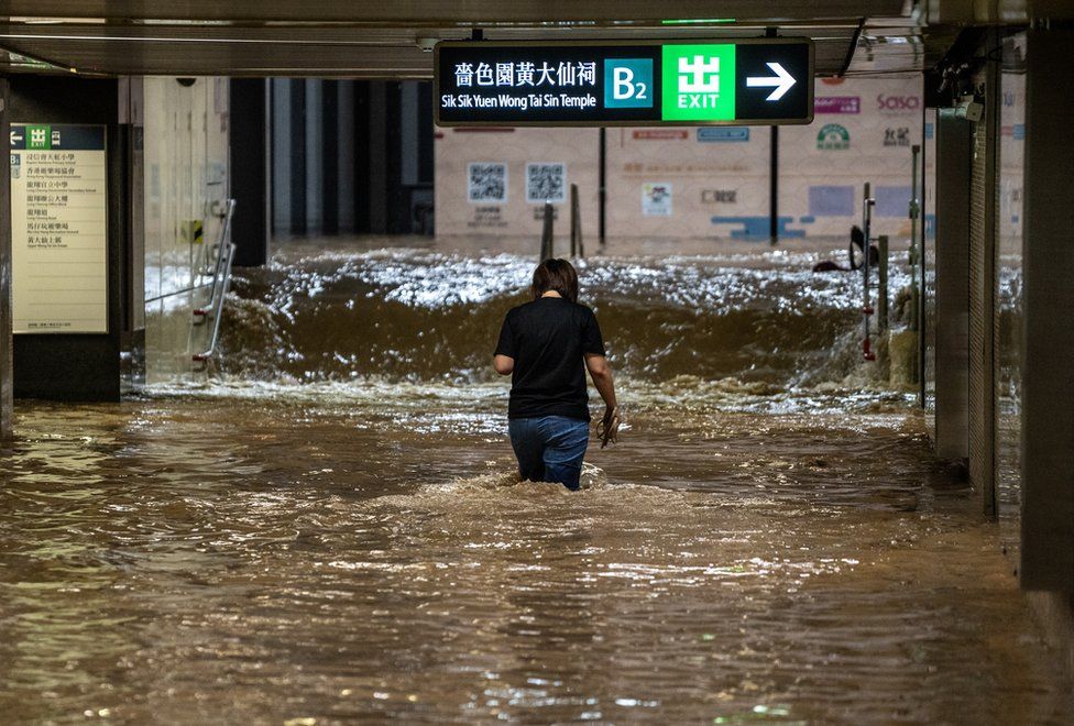Damage is seen at a flooded shopping mall, following torrential rains that brought widespread floods to the city, in Hong Kong, China, 08 September 2023. The government has stopped schools and several public services while bus services of a major operator have been suspended, amid a black rainstorm alert, the highest level of the city's weather system.