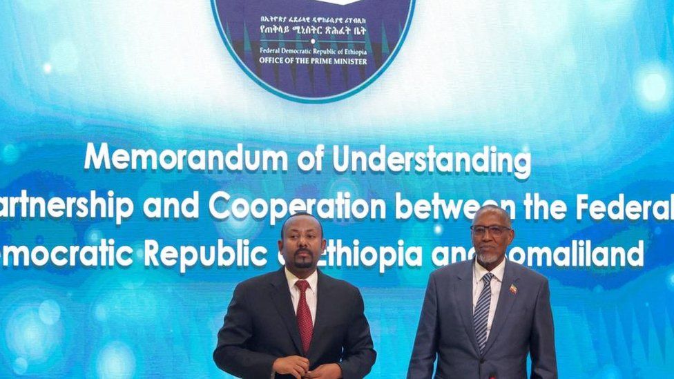 Somaliland President Muse Bihi Abdi and Ethiopia's Prime Minister Abiy Ahmed attend the signing of the Memorandum of Understanding agreement, that allows Ethiopia to use a Somaliland port, in Addis Ababa, Ethiopia, January 1, 2024