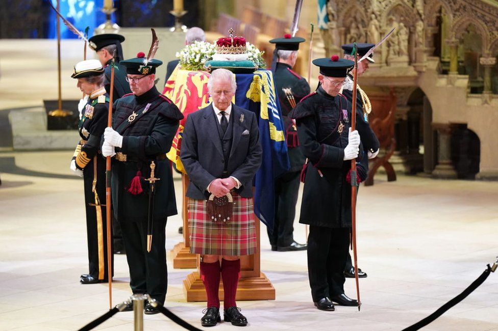 King Charles III, Prince Edward, Duke of Wessex, Princess Anne and Prince Andrew held a vigil at St Giles' Cathedral in Edinburgh as members of the public walked past on 12 September, 2022