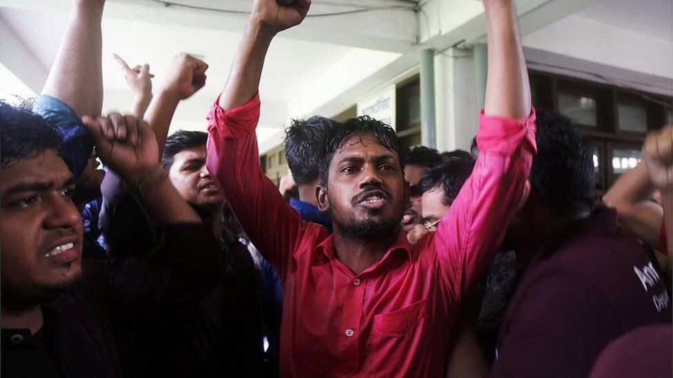 University students take part in a protest after a fellow student was found dead, at Dhaka University campus, Bangladesh, 7 October 2019