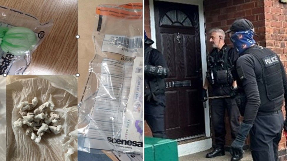 Composite image of police raid, drugs and cash