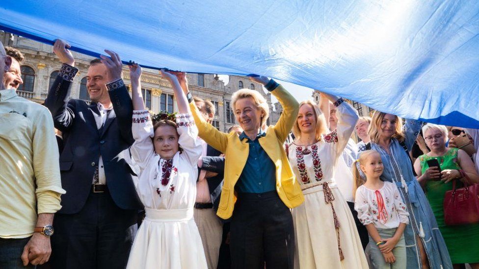 European Commission president Ursula Von der Leyen pictured as a tribute to Ukraine is organized on the Grand Place - Grote Markt square in Brussels on Wednesday 24 August 2022