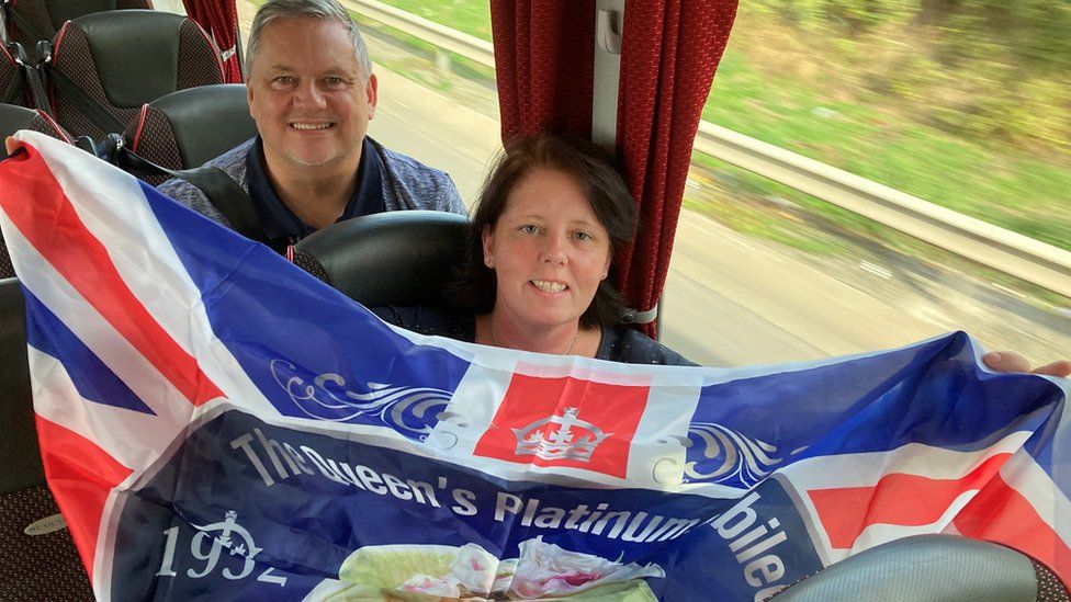 Sharon and Mark Beresford on a bus to London for the Queen's funeral