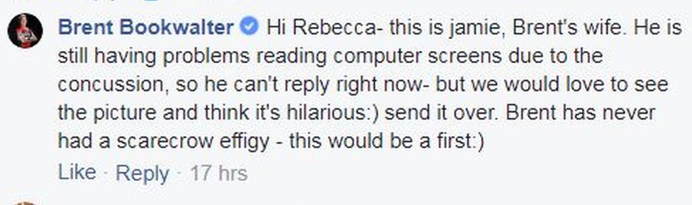 Facebook reply from Brent Bookwalter's wife