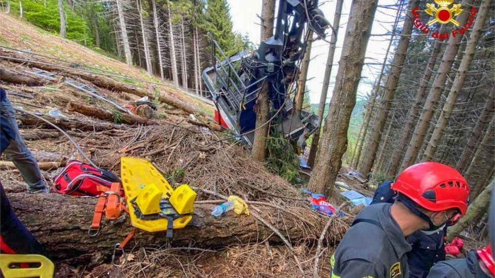 Image from Italian Fire and Rescue Service shows Rescuers at work at the area of the cable car accident, near Lake Maggiore, northern Italy, 23 May 2021