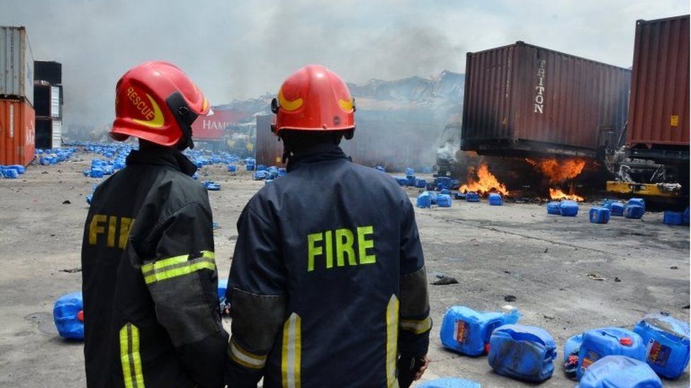 Firefighters pictured at the inland container depot at Sitakunda, near the port city Chittagong, Bangladesh, June 5, 2022.