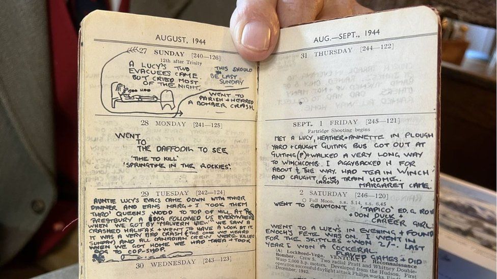 A diary showing the dates of 27th-29th August 1944 which contain handwritten notes of what was seen of the bomber crash