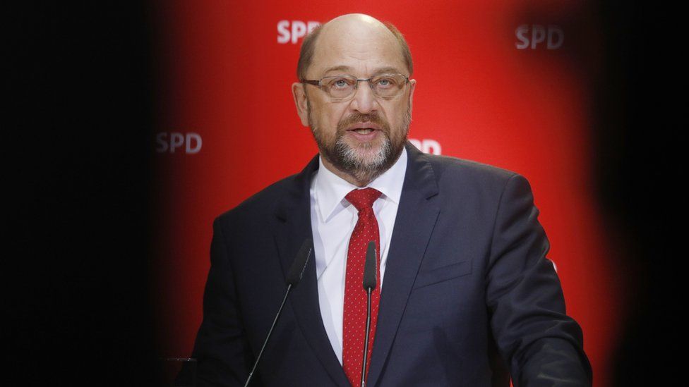 Martin Schulz, leader of the German Social Democrats (SPD), gives a statement to the media at SPD headquarters on 24 November
