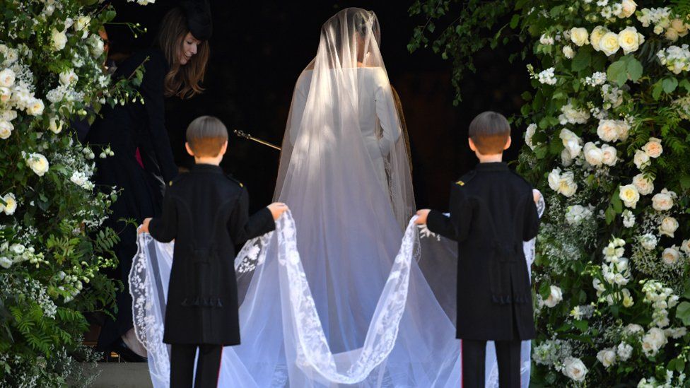 Meghan Markle arrives for the wedding ceremony to marry Prince Harry at St George"s Chapel, Windsor Castle