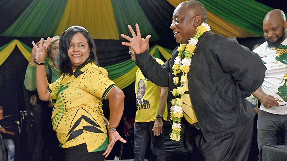 President Cyril Ramaphosa, president of the African National Congress (ANC), right, dances during an election campaign at Mellowood community hall in KwaDukuza in KwaZulu-Natal province, South Africa - 20 April 2024