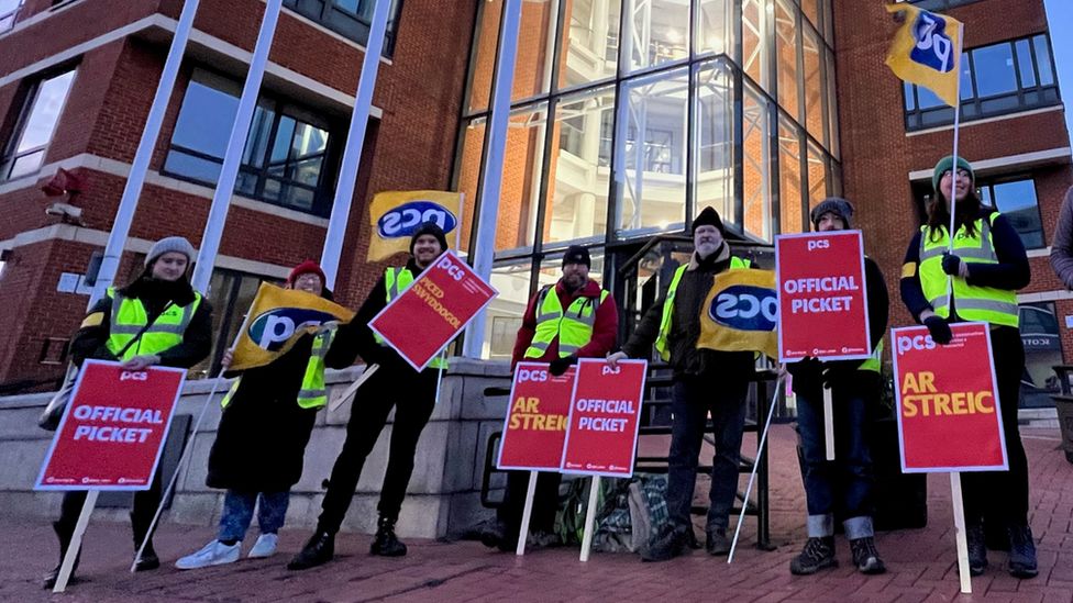 A picket line in support of action for PCS union members in Cardiff