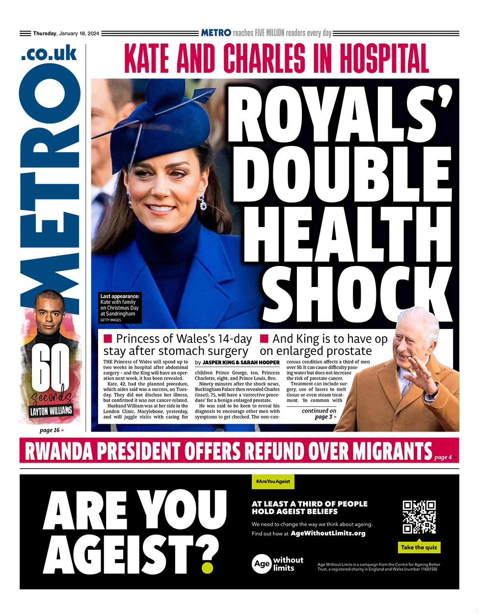 The headline in the Metro reads: "Royals' double health shock".