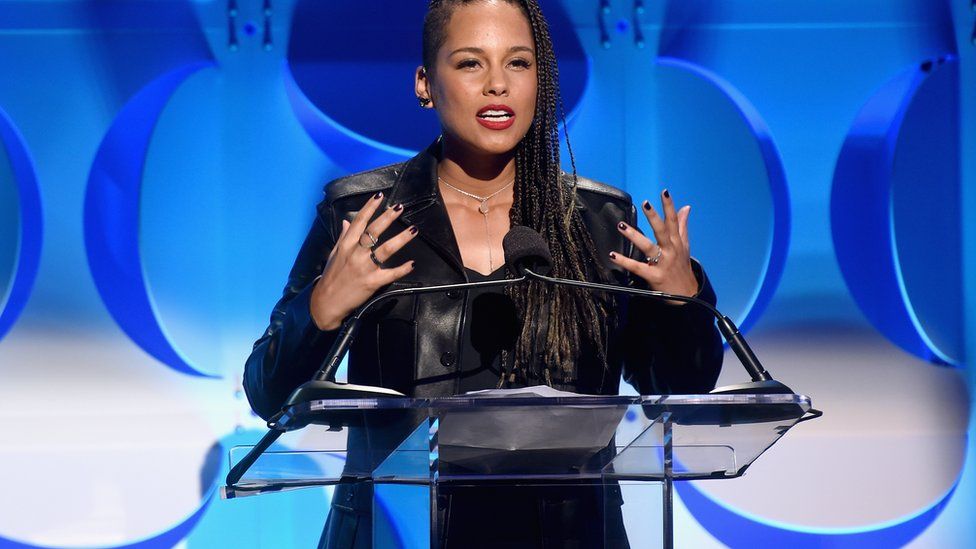 Alicia Keys speaks onstage at the Tidal launch event #TIDALforALL at Skylight at Moynihan Station on March 30, 2015 in New York City.