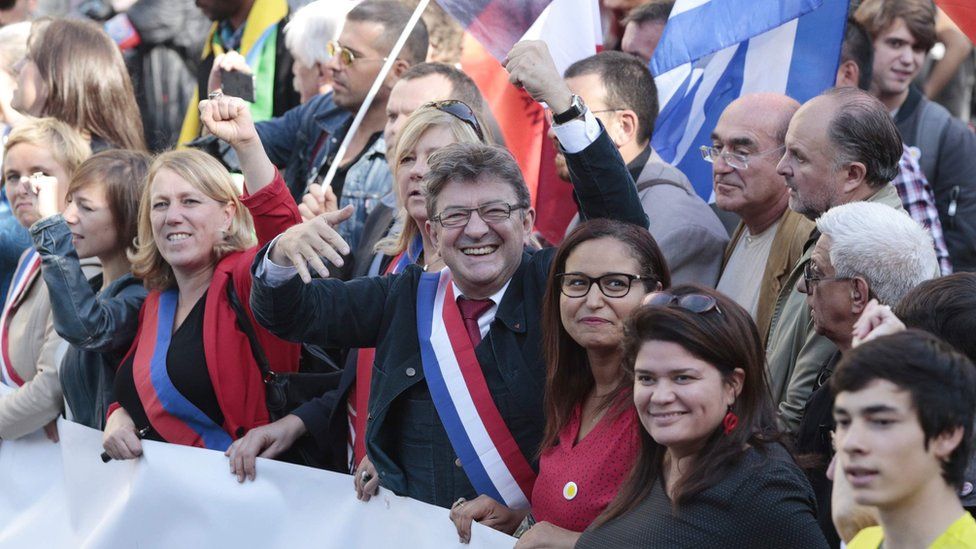Leader of the leftist La France Insoumise party, Jean-Luc Mélenchon, at a demonstration in Paris, 23 September 2017