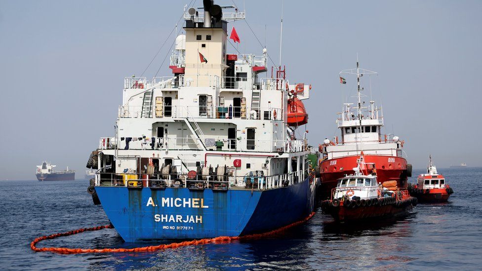 The damaged UAE-flagged tanker A Michel seen off the Port of Fujairah (13 May 2019)
