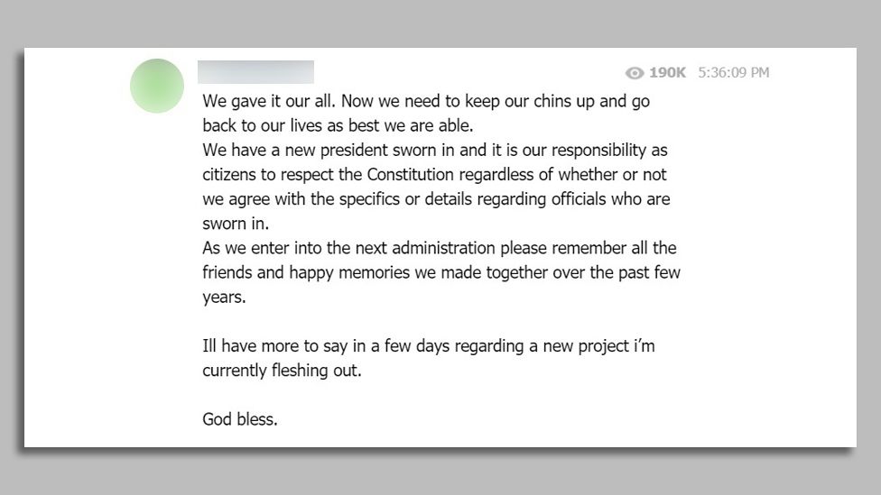 Screenshot of a post by Ron Watkins, a popular QAnon influencer, on Telegram, telling followers they have a responsibility to respect the Constitution, and urging them to remember all the friends and happy memories they made together