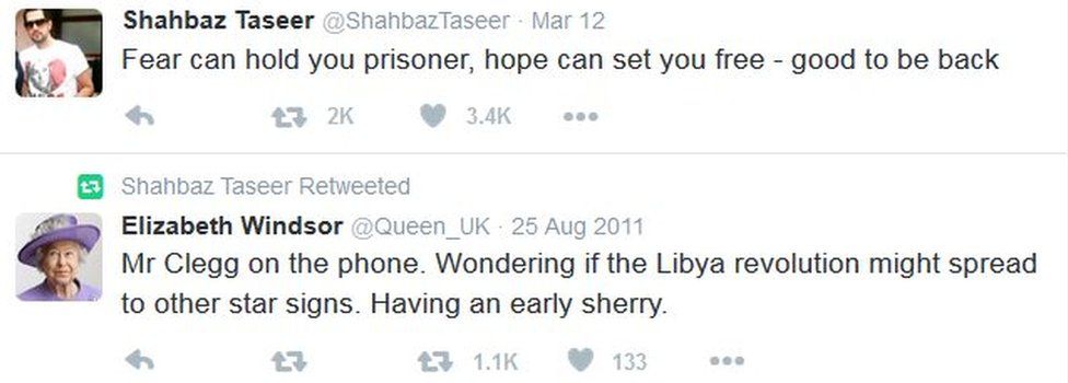 Screenshot of Shahbaz Taseer's tweet saying "Fear can hold you prisoner, hope can set you free - good to be back"