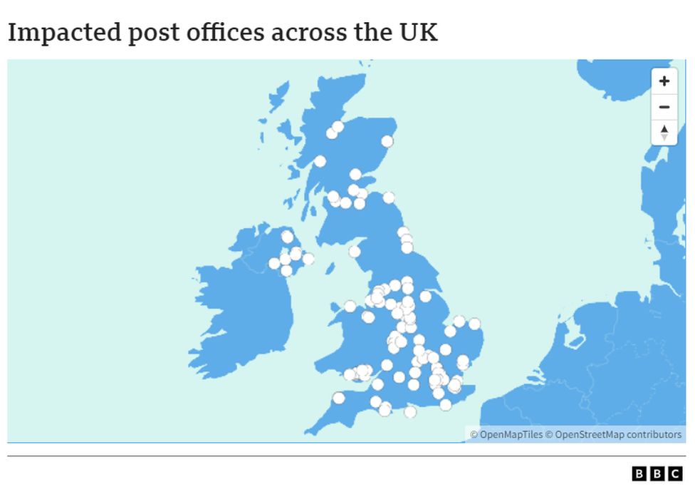 Impacted post offices across the UK