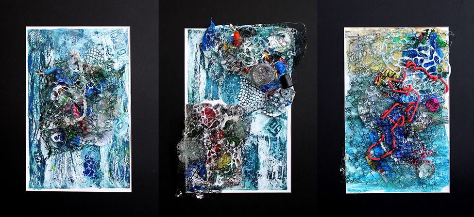 Collages made out of pollution found in the ocean