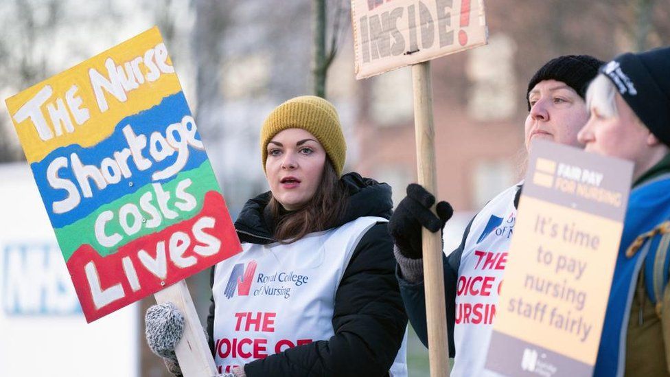 Members of the Royal College of Nursing (RCN) on the picket line outside the Norfolk And Norwich University Hospital in January