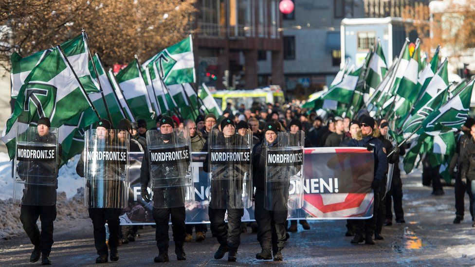 Neo-nazi Nordic Resistance Movement sympathisers demonstrating in central Stockholm on 12 November 2016 to protest against migrants