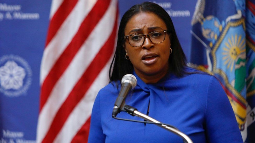 Mayor Lovely Warren speaking at a press conference in Rochester, New York